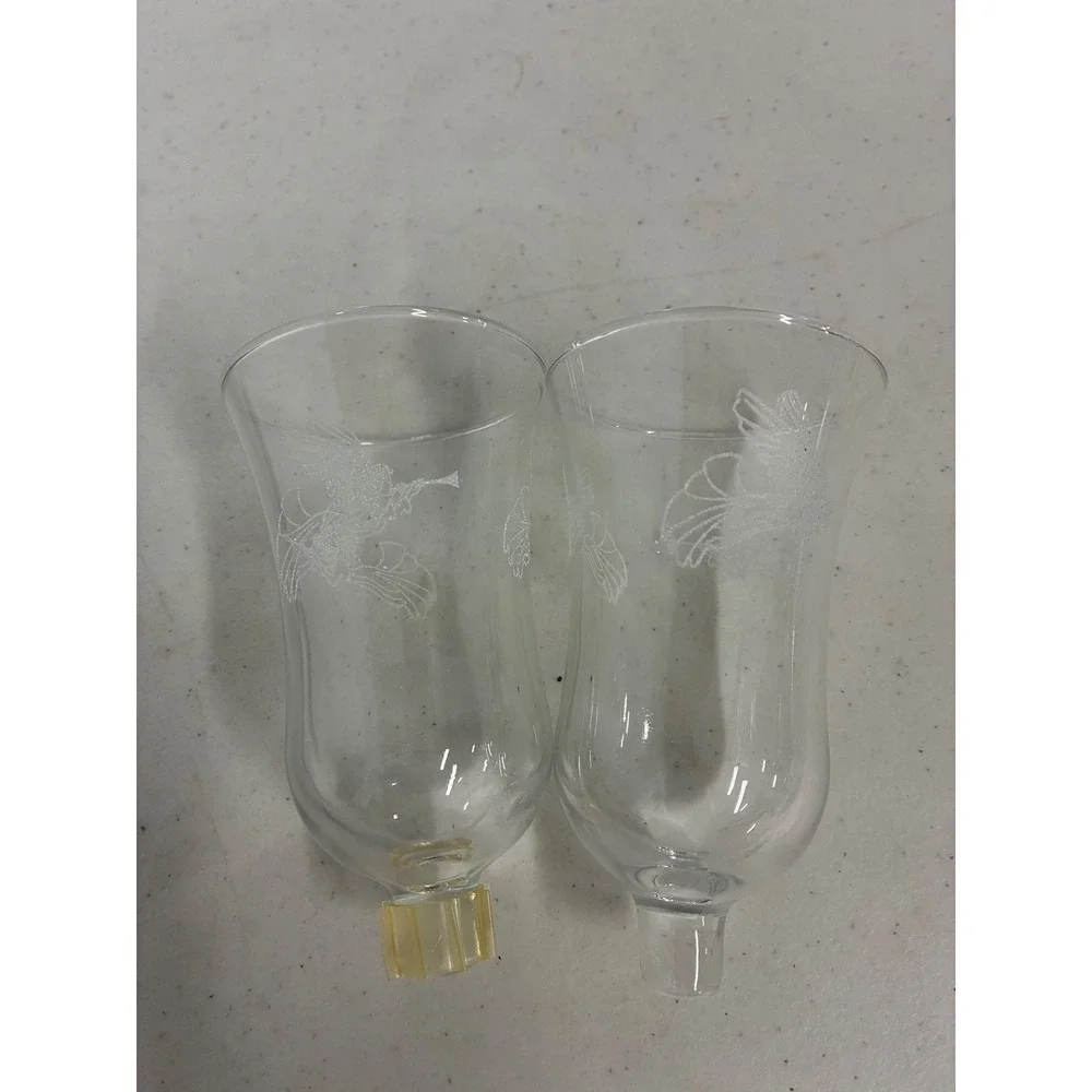 Set of 2 Etched Angel with Trumpet‎ Clear Glass Hurricane Peg Candle Shades